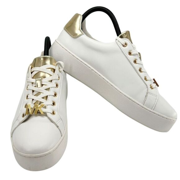 Michael Kors Poppy Metallic Gold Trim White Sneakers Size 8 - Picture 10 of 10